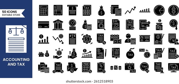 Accounting and taxes icons set in solid style. Vector illustrations