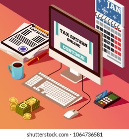 Accounting and taxes isometric composition with tax return online program on pc screen credit card and banknotes vector illustration
