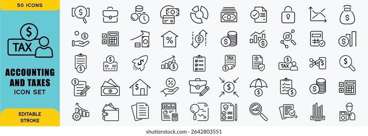 Accounting and taxes line icons collection. Big UI icon set in a flat design. Thin outline icons pack. Vector illustration EPS10
