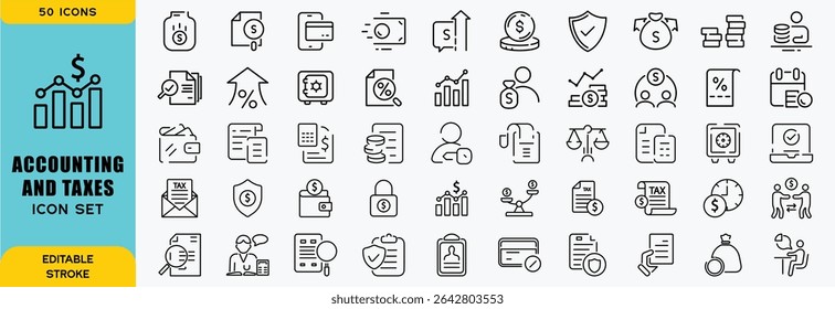Accounting and taxes line icons collection. Big UI icon set in a flat design. Thin outline icons pack. Vector illustration EPS10