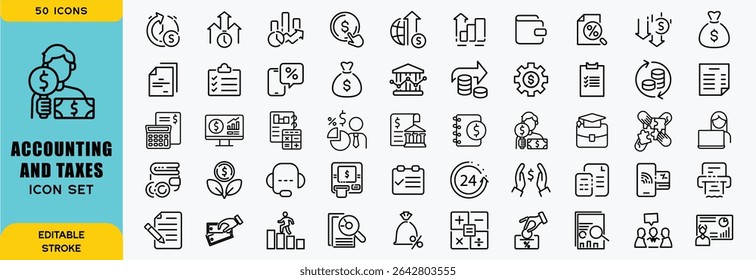Accounting and taxes line icons collection. Big UI icon set in a flat design. Thin outline icons pack. Vector illustration EPS10