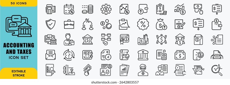 Accounting and taxes line icons collection. Big UI icon set in a flat design. Thin outline icons pack. Vector illustration EPS10