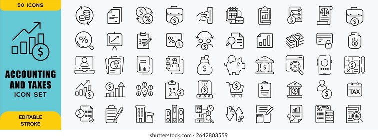 Accounting and taxes line icons collection. Big UI icon set in a flat design. Thin outline icons pack. Vector illustration EPS10