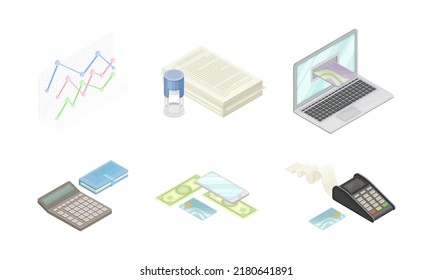 Juego de objetos de contabilidad e impuestos. Análisis financiero, planificación empresarial e ilustración de la estrategia vectorial