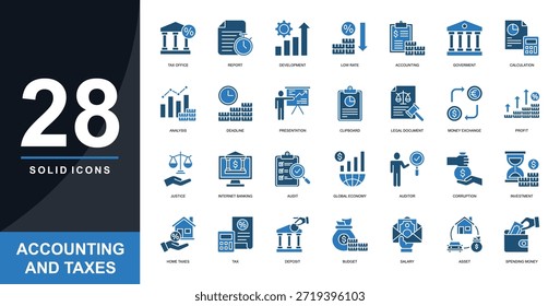 Contabilidad e impuestos Conjunto de iconos sólidos. Contenido Oficina de Impuestos, Informe, Desarrollo, Tasa Baja, Contabilidad, Gobierno, Cálculo, Análisis