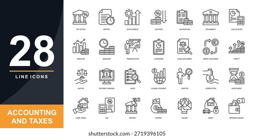 Contabilidad e impuestos Conjunto de iconos sólidos. Contenido Oficina de Impuestos, Informe, Desarrollo, Tasa Baja, Contabilidad, Gobierno, Cálculo, Análisis