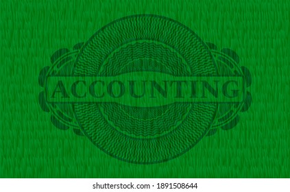 Accounting text inside green sod grass realistic badge. Eco fancy background. Illustration. 
