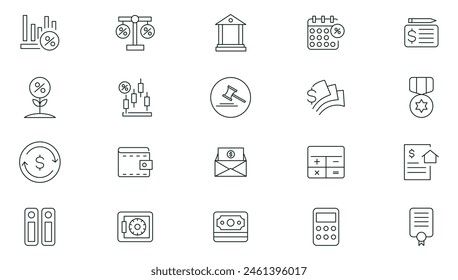 Accounting thin line icons set. Accountant, financial, business firm tax, statement, calculator, and balance sheet icon collection. Containing financial statement, audit, invoice icon pack.