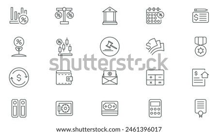 Accounting thin line icons set. Accountant, financial, business firm tax, statement, calculator, and balance sheet icon collection. Containing financial statement, audit, invoice icon pack.