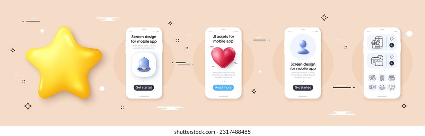 Accounting, Toolbox and Quote bubble line icons pack. Phone screen mockup with 3d bell, star and placeholder. Best chef, Identification card, Work time web icon. Vector
