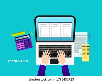 Accounting Top view vector illustration in flat style Accountant is working at the computer,  with documents and bills at his desk