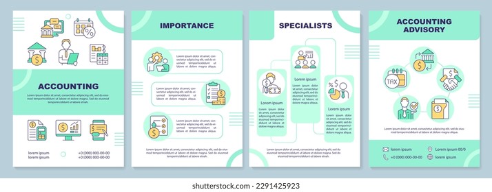 Accounting turquoise brochure template. Advisory service. Leaflet design with linear icons. Editable 4 vector layouts for presentation, annual reports. Arial-Black, Myriad Pro-Regular fonts used