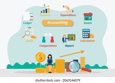 Accounting vector concept. Businesswoman using a laptop while sitting on the pile of coins with accounting word background
