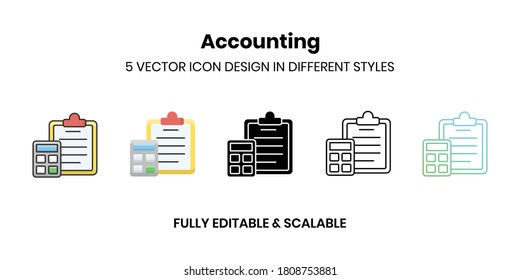 Accounting vector icon in colored outline, flat, glyph, line and gradient