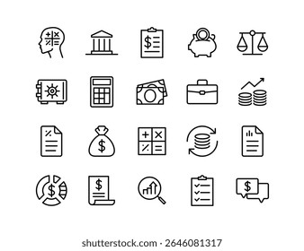 Conjunto de Ícones do Vetor de Contabilização | Espessura ajustável da linha | Finanças, orçamento, dinheiro, impostos, fatura, poupança, calculadora, banco, saldo, relatório, crescimento, demonstrativo, planejamento, ícones de auditoria