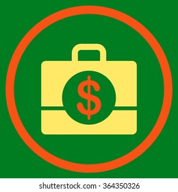 Accounting vector icon. Style is bicolor flat circled symbol, orange and yellow colors, rounded angles, green background.