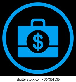 Accounting vector icon. Style is flat circled symbol, blue color, rounded angles, black background.