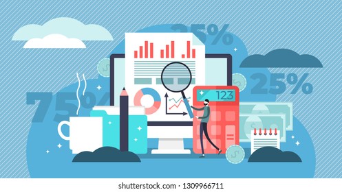 Accounting vector illustration. Flat tiny math calculation persons concept. Company finance and tax calculation. Money management report and payment processing service as job. Balance analysis check.