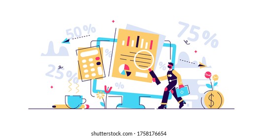 Accounting vector illustration. Flat tiny math calculation persons concept. Company finance and tax calculation. Money management report and payment processing service as job. Balance analysis check.