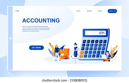 Accounting vector landing page template with header. Bookkeeping web banner, homepage design with flat illustrations. Accountants cartoon characters. Money calculation, cash counting