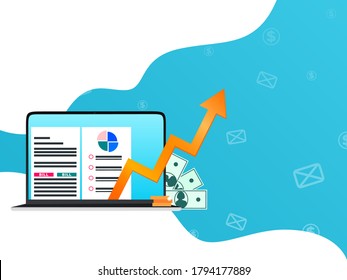 Accounting Vector posters and banners  illustration with copy space. Template with chart development graphics on laptop screen on with blue background with envelope and dollar sign pattern