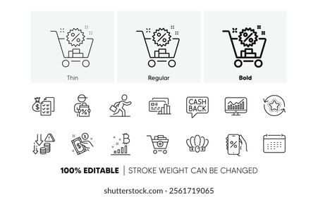 Accounting wealth, Businessman run and Add products line icons. Pack of Payment method, Calendar, Shopping cart icon. Card, Deflation, Crown pictogram. Delivery discount, Statistics. Vector