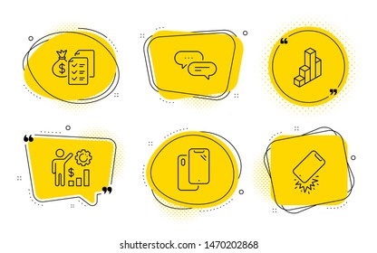 Accounting wealth, Dots message and Smartphone broken signs. Chat bubbles. Smartphone, Employees wealth and 3d chart line icons set. Phone, Results chart, Presentation column. Audit report. Vector