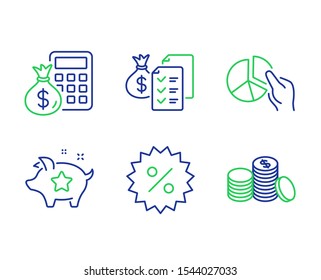 Accounting wealth, Finance calculator and Pie chart line icons set. Loyalty points, Discount and Banking money signs. Audit report, Calculate money, Presentation graph. Piggy bank. Vector