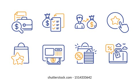 Accounting wealth, Loyalty points and Sallary line icons set. Atm, Accounting report and Loyalty star signs. Shopping bags, Travel loan symbols. Audit report, Bonus bags. Finance set. Vector