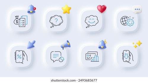 Accounting wealth, Statistic and Seo gear line icons. Buttons with 3d bell, chat speech, cursor. Pack of Smile, Card, Download app icon. Question mark, Discounts app pictogram. Vector