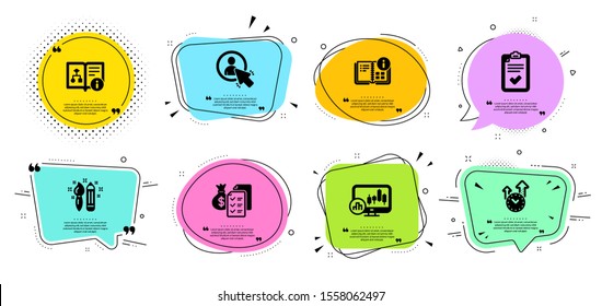 Accounting wealth, User and Creativity line icons set. Chat bubbles with quotes. Instruction info, Technical algorithm and Time management signs. Checklist, Candlestick chart symbols. Vector