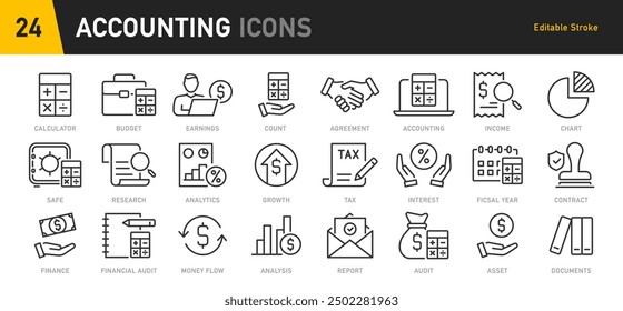 Icono de Web contable en estilo de línea. Evaluación, calculadora, marca de verificación, auditoría, inspección, inversión, cálculo, análisis, colección. Ilustración vectorial.	