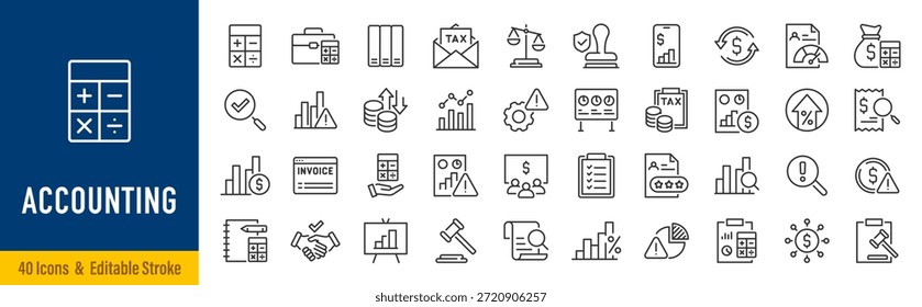 Buchhaltungs-Web-Symbol im Linienstil. Bewertung, Rechner, Prüfzeichen, Prüfung, Prüfung, Investition, Berechnung, Analyse, Sammlung. Bearbeitbarer Strich. Vektorgrafik.	