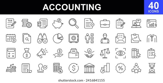 Accounting web icons set. Accounting and Audit - simple thin line icons collection. Containing financial statement, taxes, accountant, financial audit, invoice, income and more. Simple web icons set