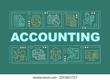 Accounting word concepts dark green banner. Financial managment. Infographics with editable icons on color background. Isolated typography. Vector illustration with text. Arial-Black font used