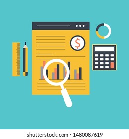 Accounting word surrounded by dollar coins and bills, briefcase, calculator, paper documents. Modern banner with elements in thin line style. Vector illustration for web advertisement