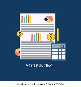 Accounting word surrounded by dollar coins and bills, briefcase, calculator, paper documents. Modern infographic banner with elements in thin line style. Vector illustration for web advertisement.