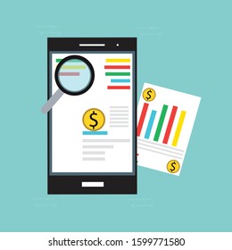 Accounting word surrounded by dollar coins and bills, briefcase, calculator, paper documents. Modern infographic banner with elements in thin line style. Vector illustration for web advertisement.