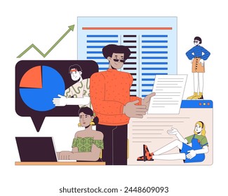 Concepto de ilustración lineal 2D de trabajo contable. Los analistas de negocios forman un equipo de personajes de dibujos animados aislados en blanco. Contadores de presupuesto. Gráfico de esquema de Vector plano abstracto de metáfora de informe financiero