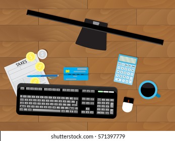 Accounting work place, count taxes. Finance work, money profit, workplace vector illustration