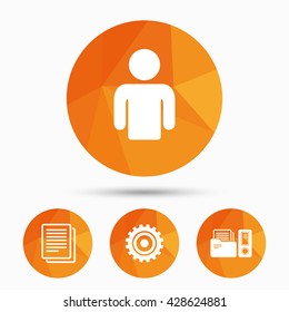Accounting workflow icons. Human silhouette, cogwheel gear and documents folders signs symbols. Triangular low poly buttons with shadow. Vector