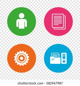 Accounting workflow icons. Human silhouette, cogwheel gear and documents folders signs symbols. Round buttons on transparent background. Vector