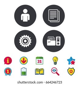 Accounting workflow icons. Human silhouette, cogwheel gear and documents folders signs symbols. Calendar, Information and Download signs. Stars, Award and Book icons. Light bulb, Shield and Search