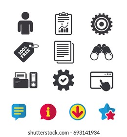 Accounting workflow icons. Human silhouette, cogwheel gear and documents folders signs symbols. Browser window, Report and Service signs. Binoculars, Information and Download icons. Stars and Chat
