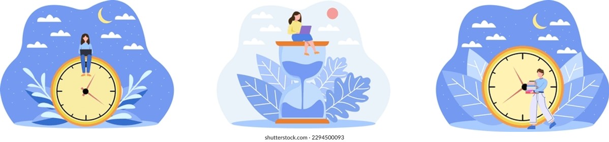 Accounting of working hours. Set of vector illustrations with characters. Day work, night shift, people work and study. Analog clock, hourglass monitor working hours. Color image in flat style