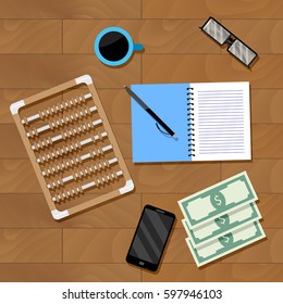 Accounting workplace vector. Financial office, calculation accounting illustration