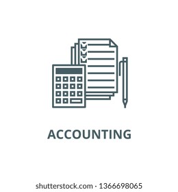 Accounting,calculator, pen, checkbox, docs line icon, vector. Accounting,calculator, pen, checkbox, docs outline sign, concept symbol, flat illustration
