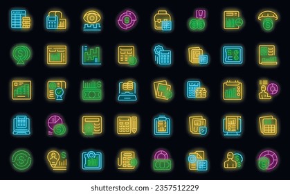 Accounts manager icons set outline vector. Financial money. Control account neon color on black