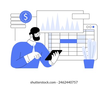 Accounts manager isolated cartoon vector illustrations. Manager working with ledger accounts and financial statements using computer, business people, stock market analysis vector cartoon.