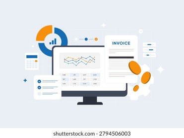 Accounts payable automation with invoice processing, payment approval workflow and accounting records management. Accounts payable tracking, business payments, financial control vector illustration